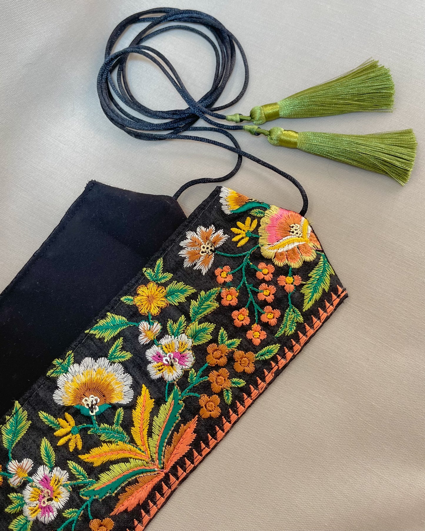 Black bohemian embroidered obi belt with tassels