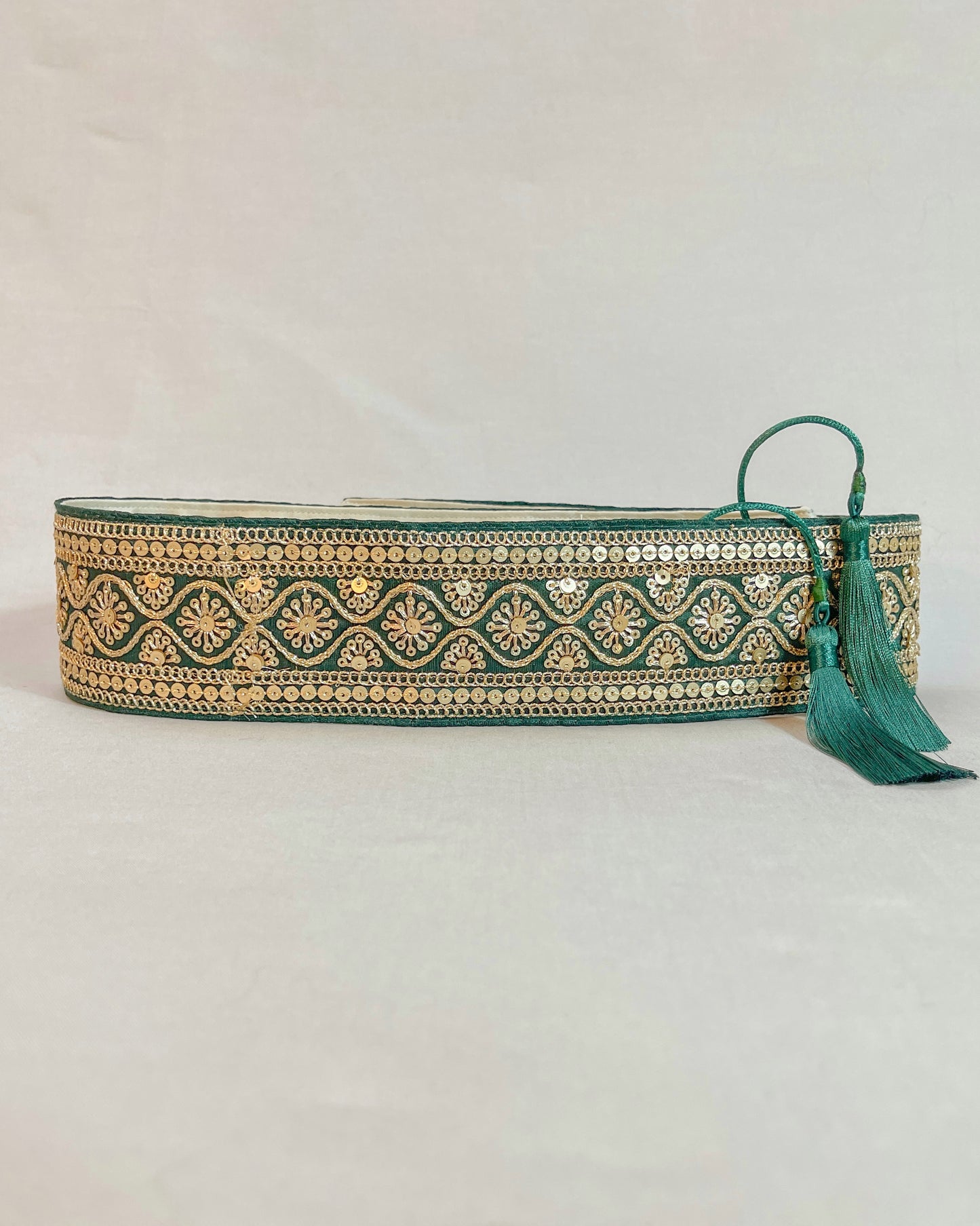 Forest green bohemian embroidered obi belt with tassels