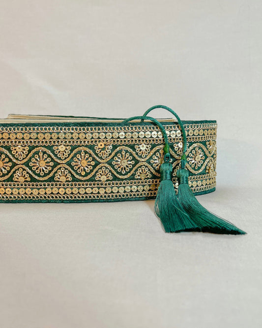 Forest green bohemian embroidered obi belt with tassels