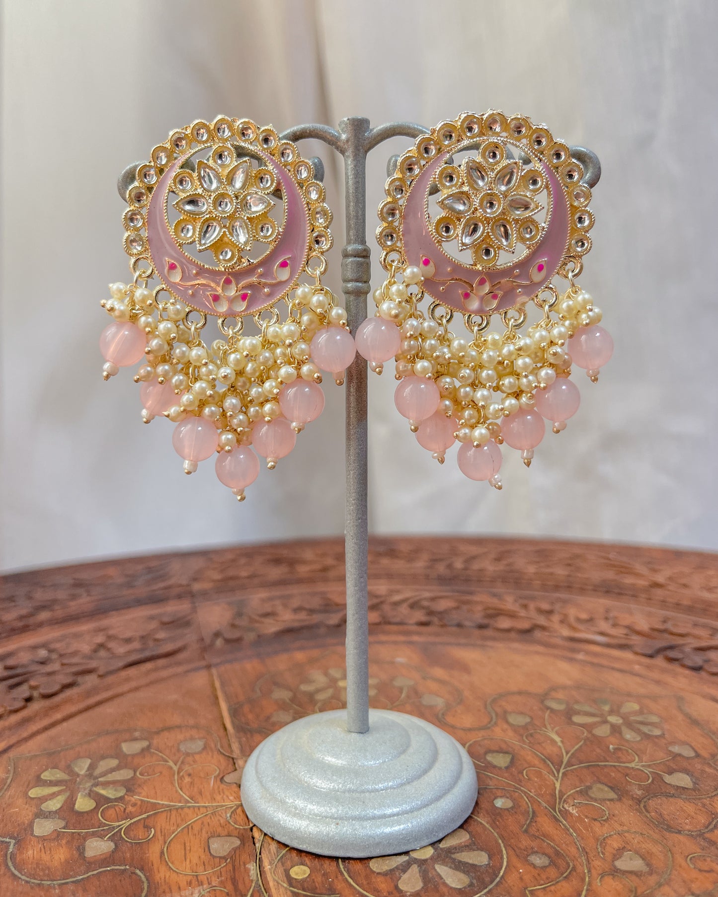 MOON LIGHT PINK Big Golden Bohemian Earrings with Hand-Painted Floral Detail