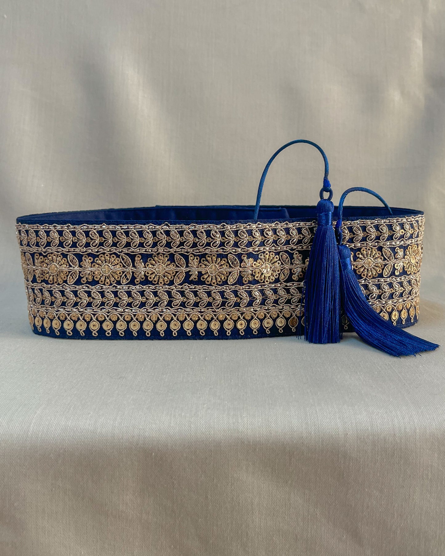 Blue bohemian embroidered obi belt with tassels