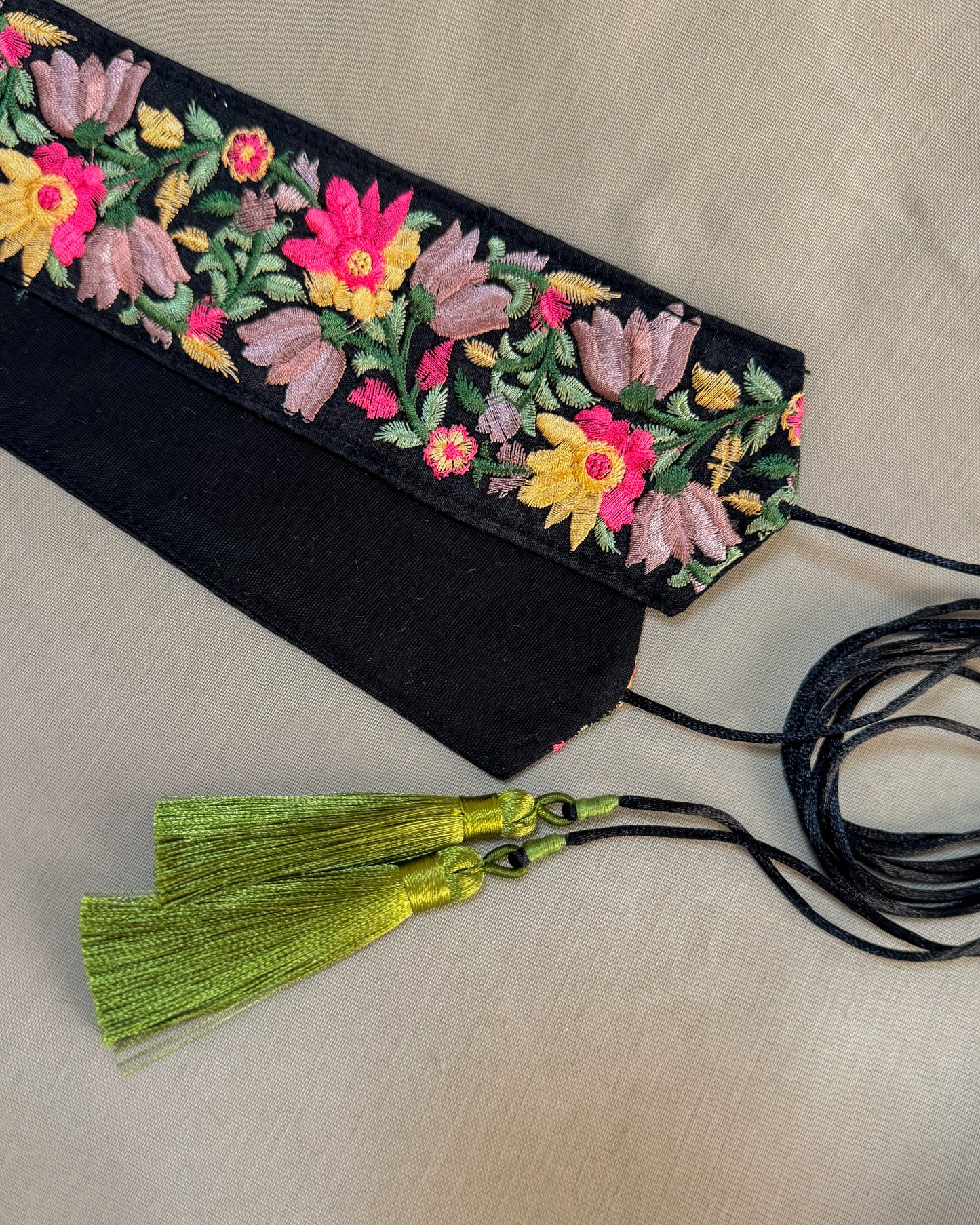 Black bohemian embroidered obi belt with tassels