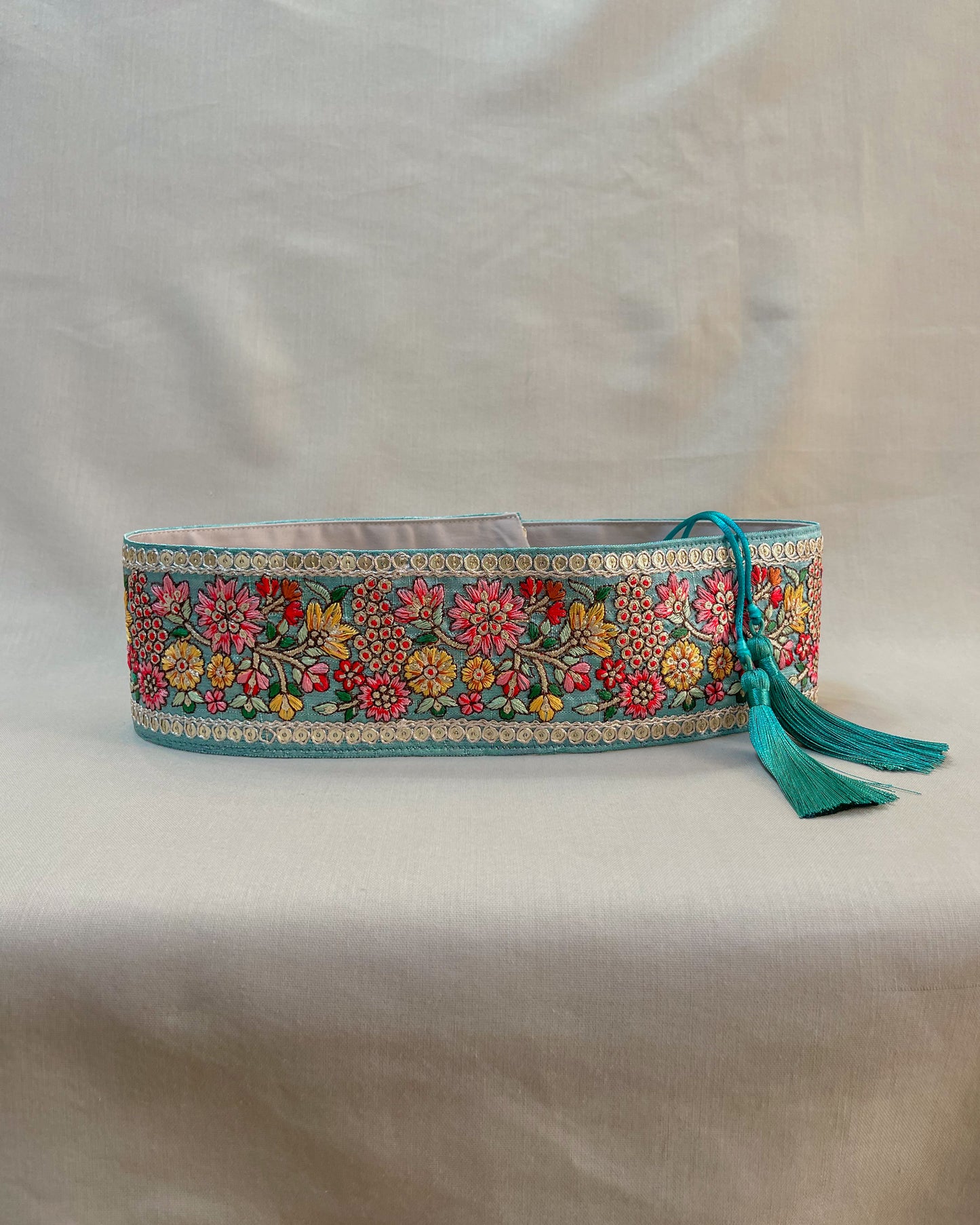 Teal bohemian embroidered obi belt with tassels