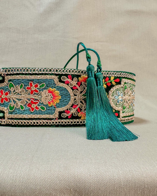 Velvet green bohemian embroidered obi belt with tassels