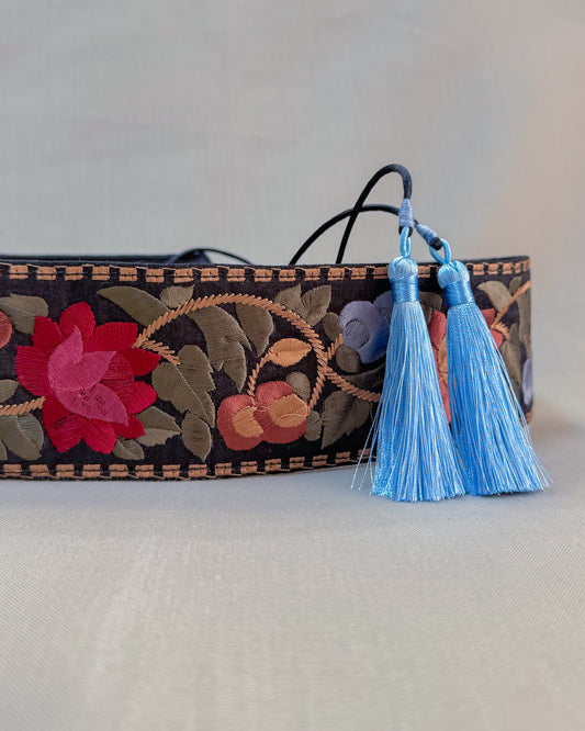 Bohemiam black belt with embroidered flowers and tassels