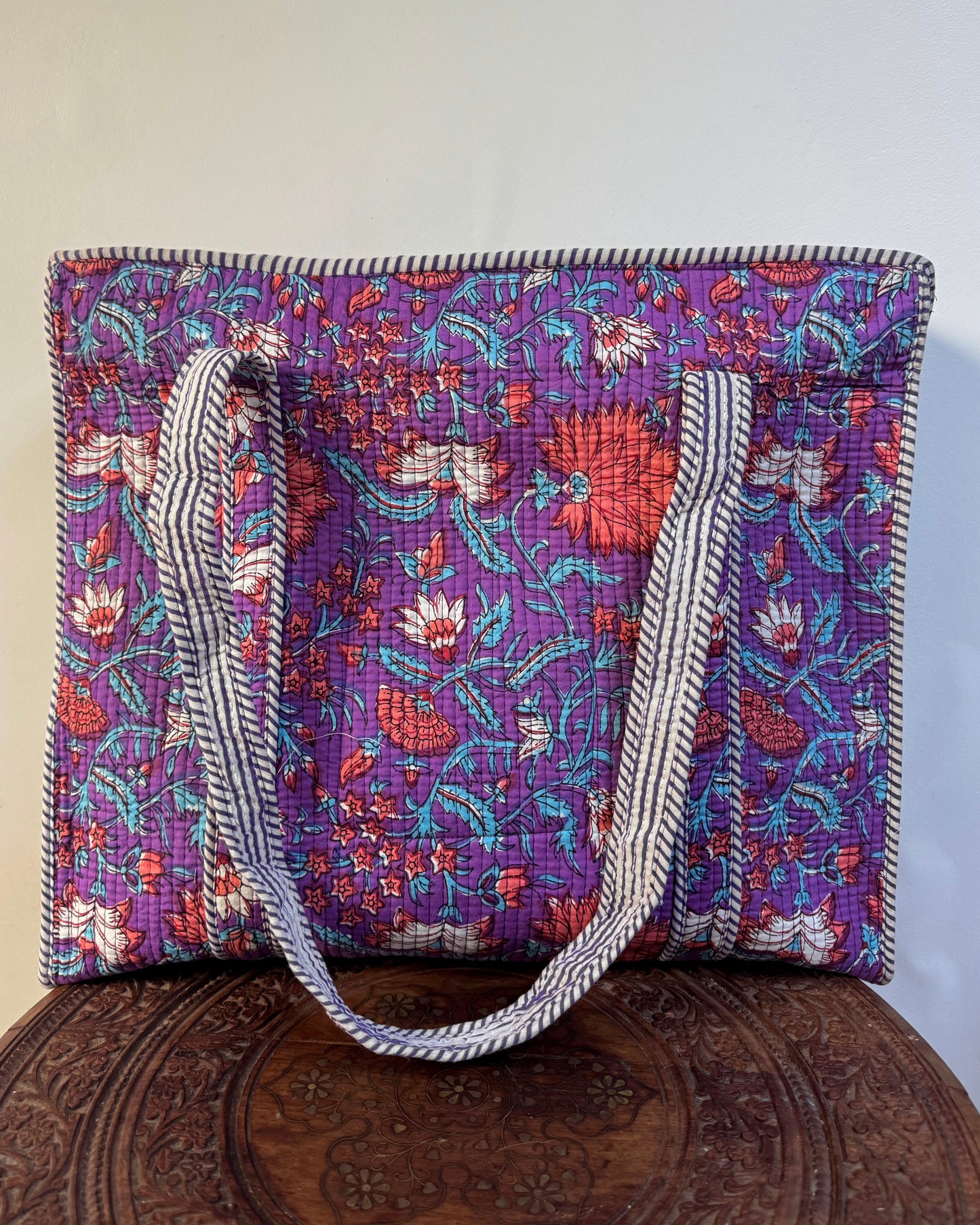 Purple with flowers l Big tote bag in quilted cotton