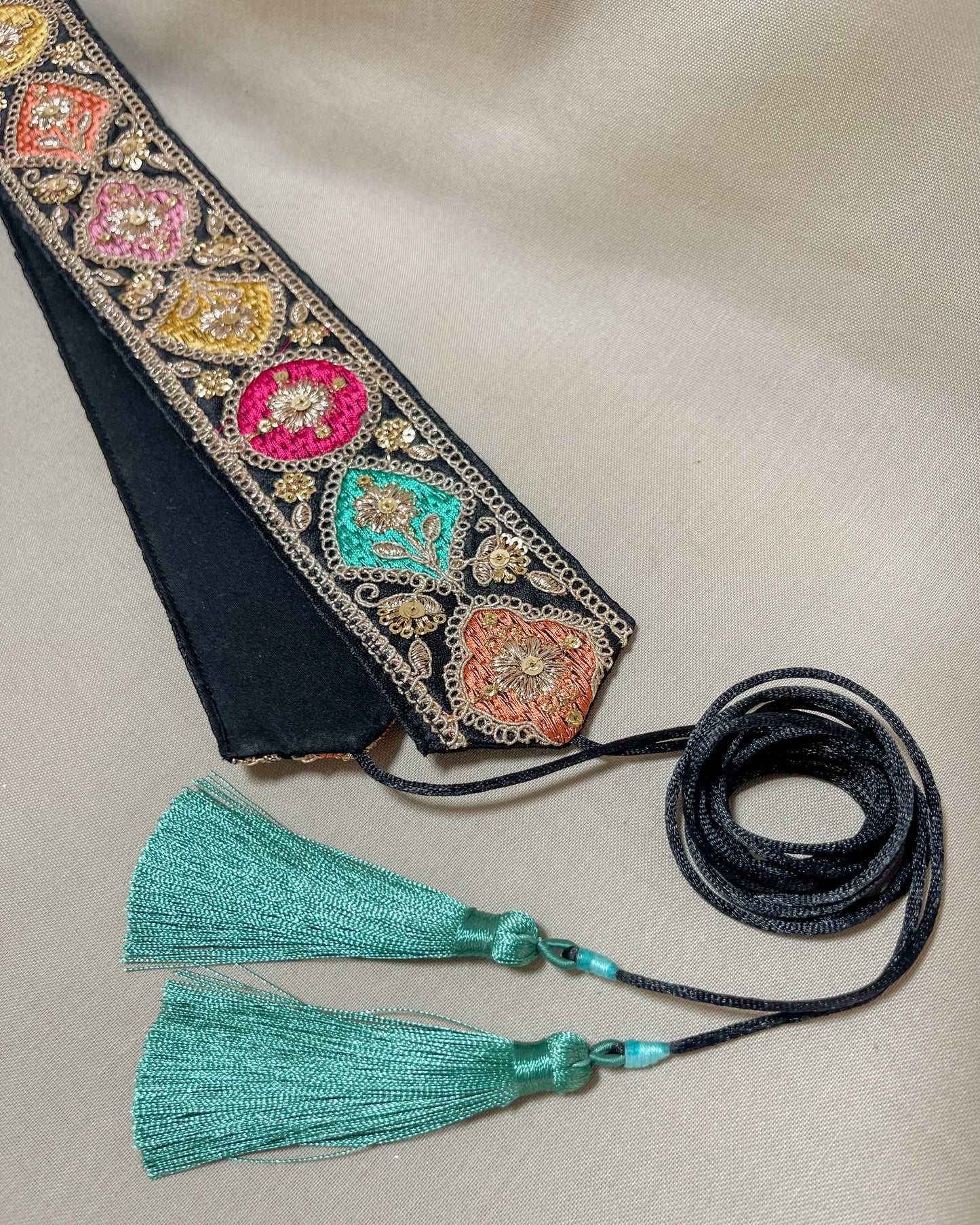 Black bohemian embroidered obi belt with tassels