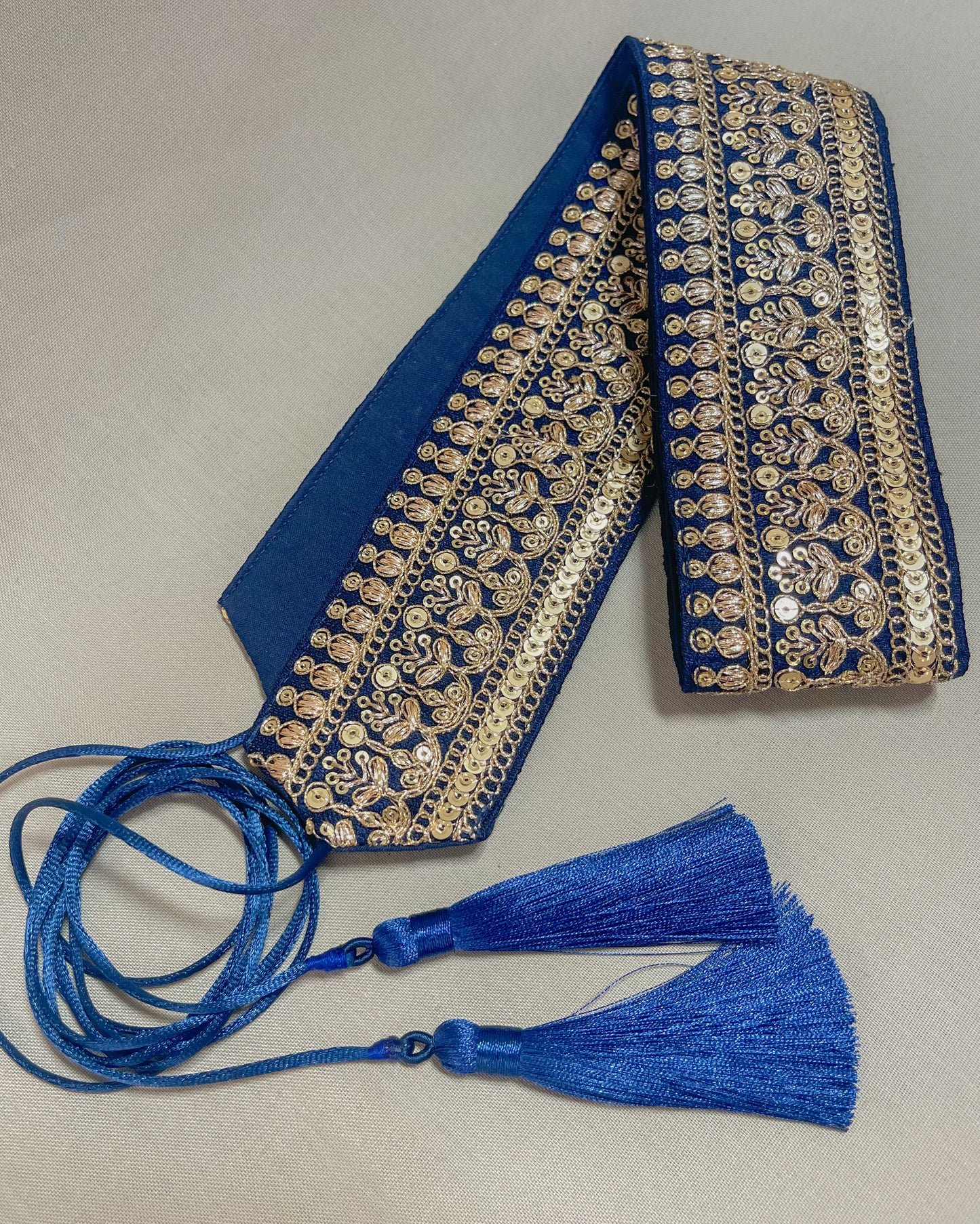 Blue bohemian embroidered obi belt with tassels