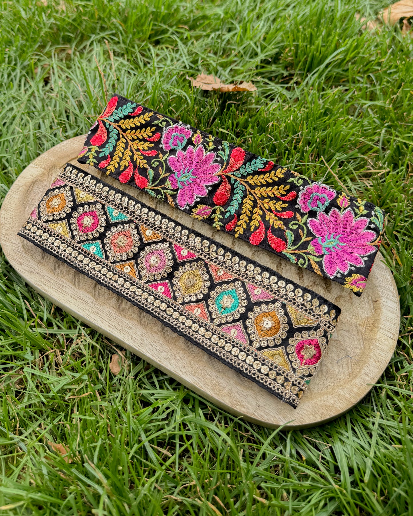 Embroidered upcycled fabric headband