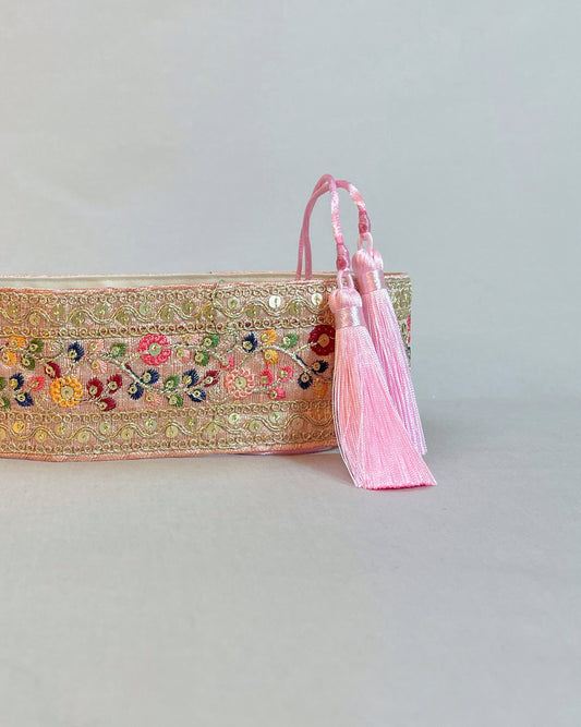 Baby pink bohemian embroidered obi belt with tassels