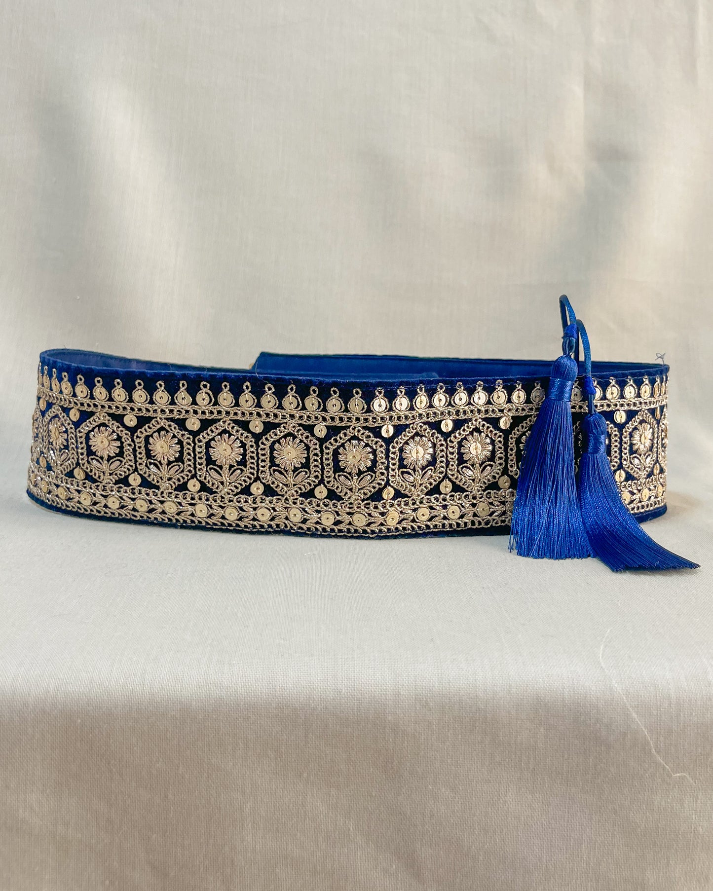 Velvet blue bohemian embroidered obi belt with tassels