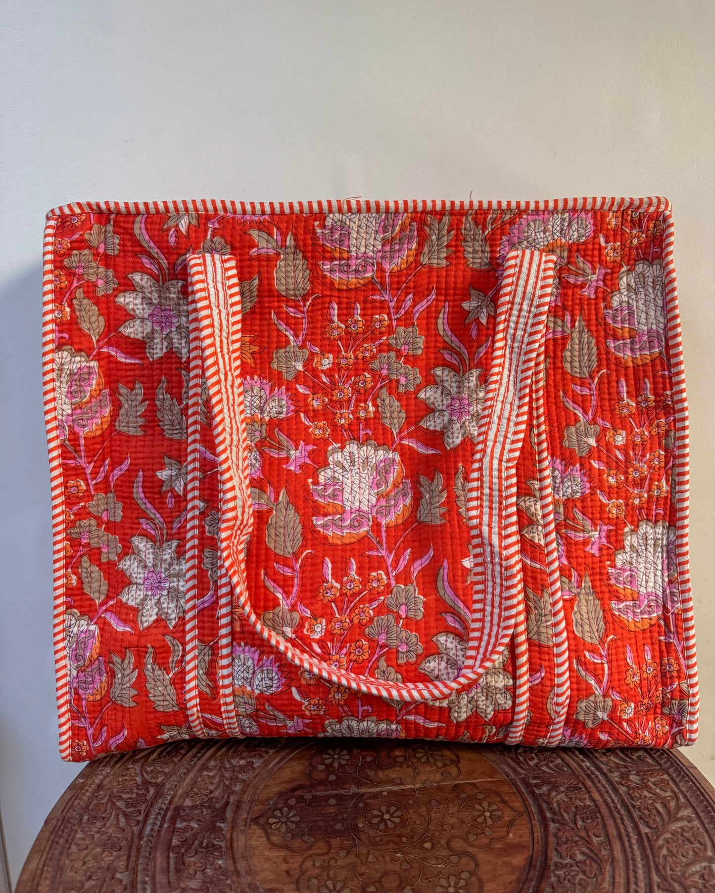 Orange with flowers l Big tote bag in quilted cotton