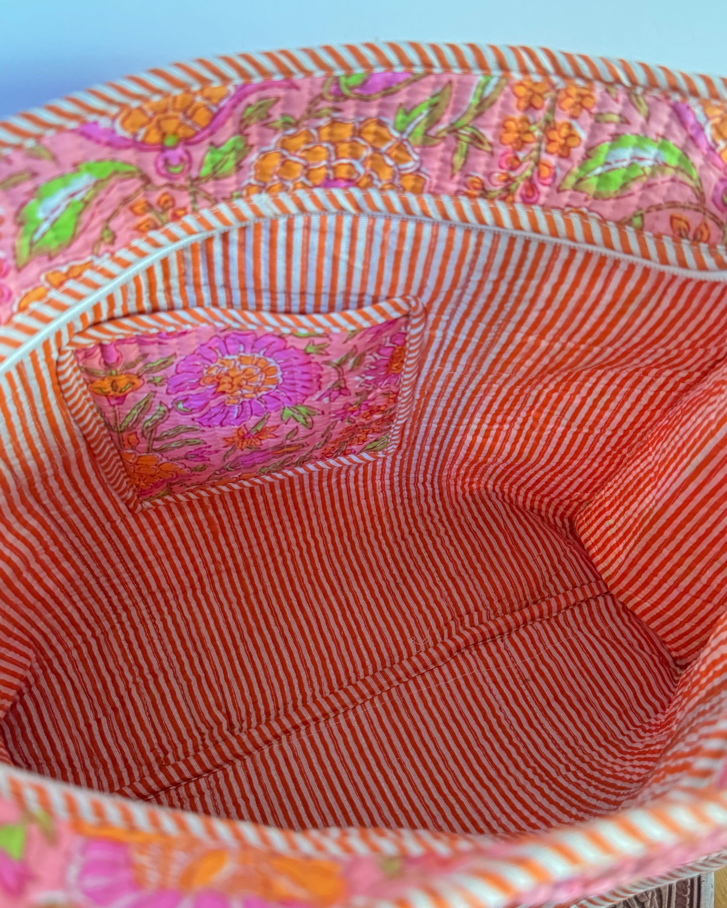 Pink and orange l Big tote bag in quilted cotton