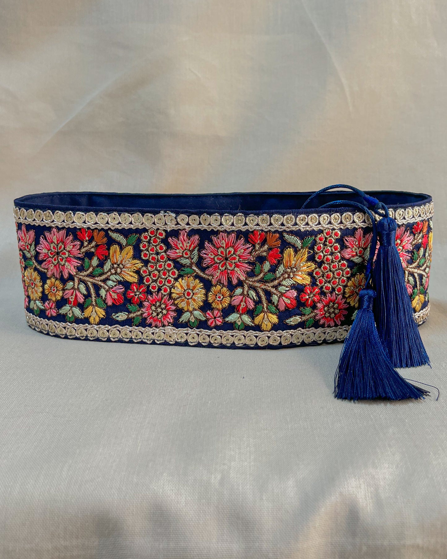 Blue bohemian embroidered obi belt with tassels