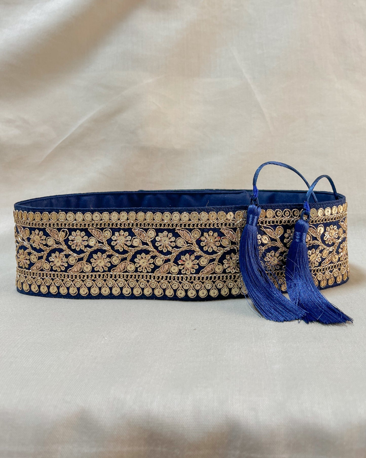 Blue bohemian embroidered obi belt with tassels