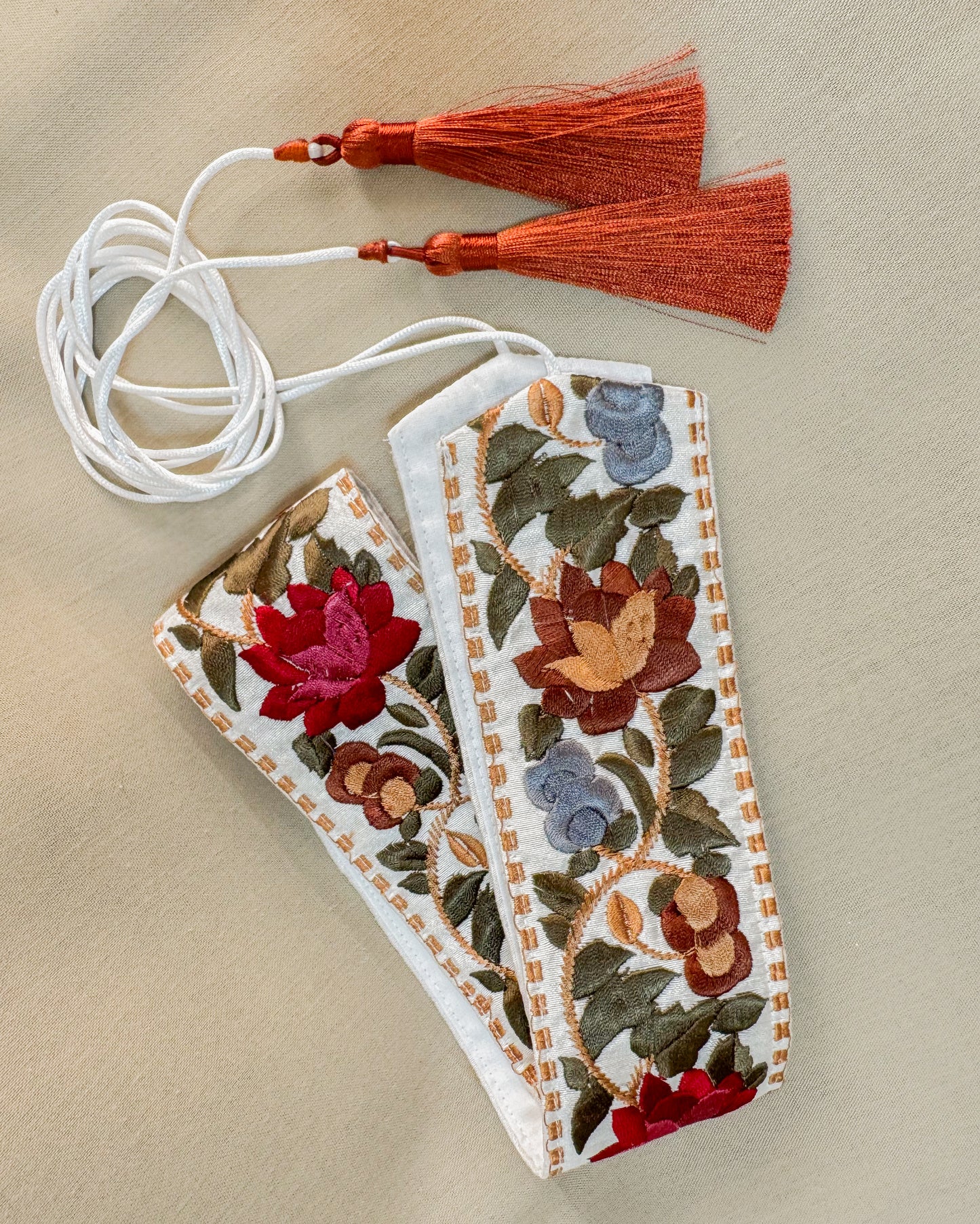 Off white bohemian embroidered obi belt with tassels