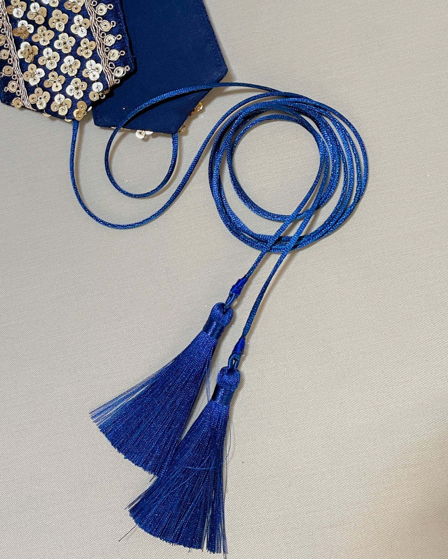 Blue bohemian embroidered obi belt with tassels