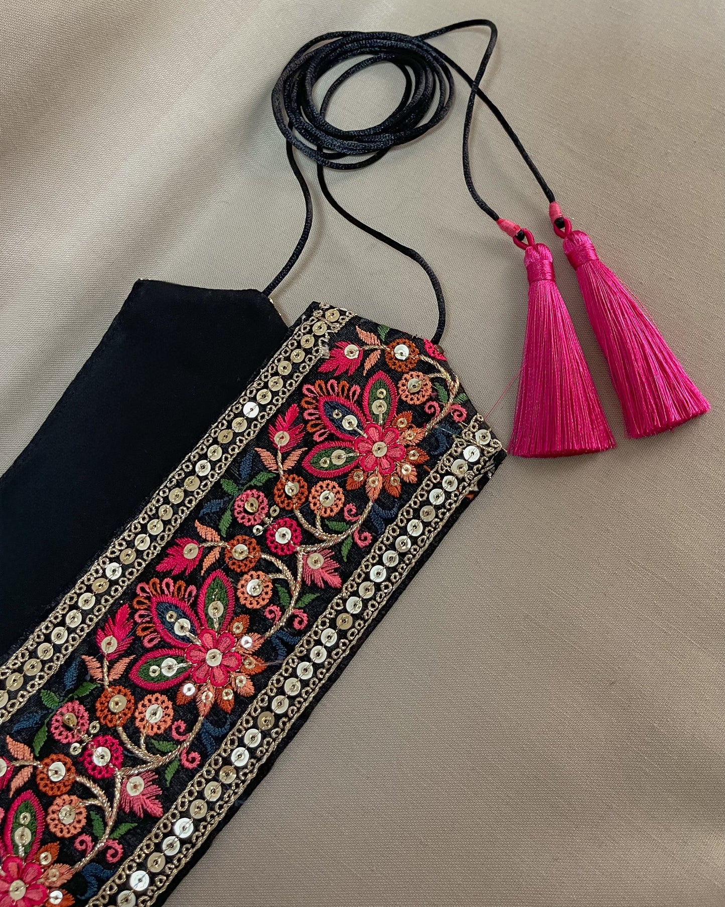 Black bohemian embroidered obi belt with tassels