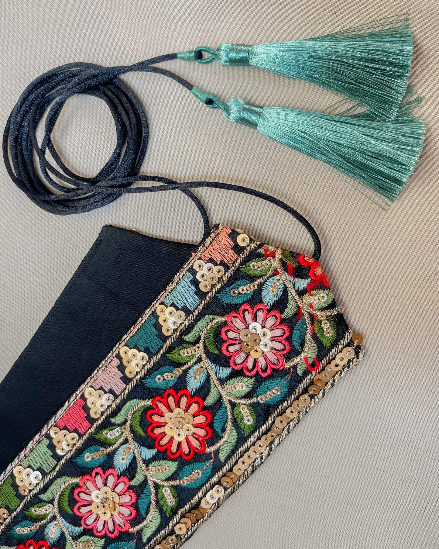 Black bohemian embroidered obi belt with tassels