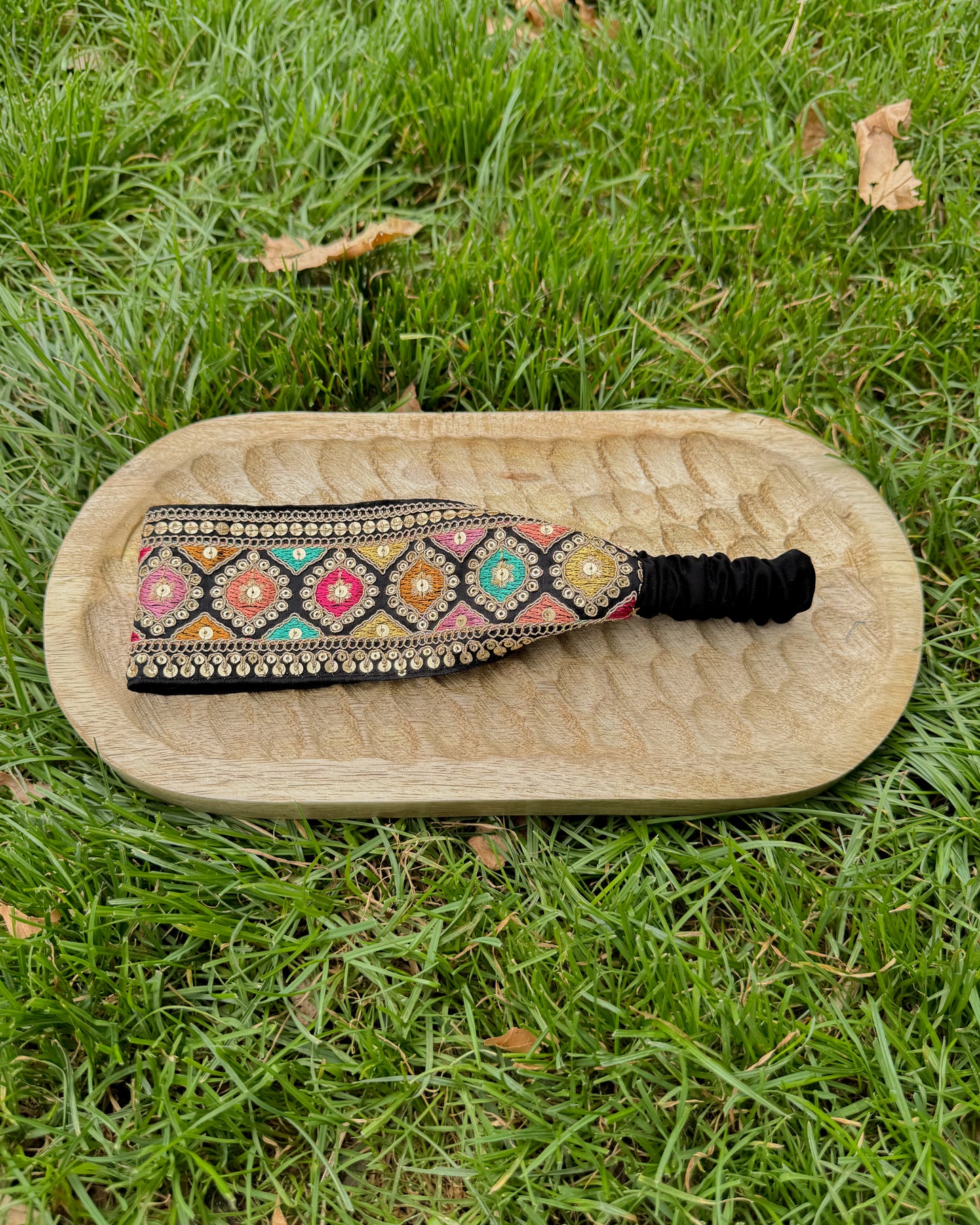 Embroidered upcycled fabric headband