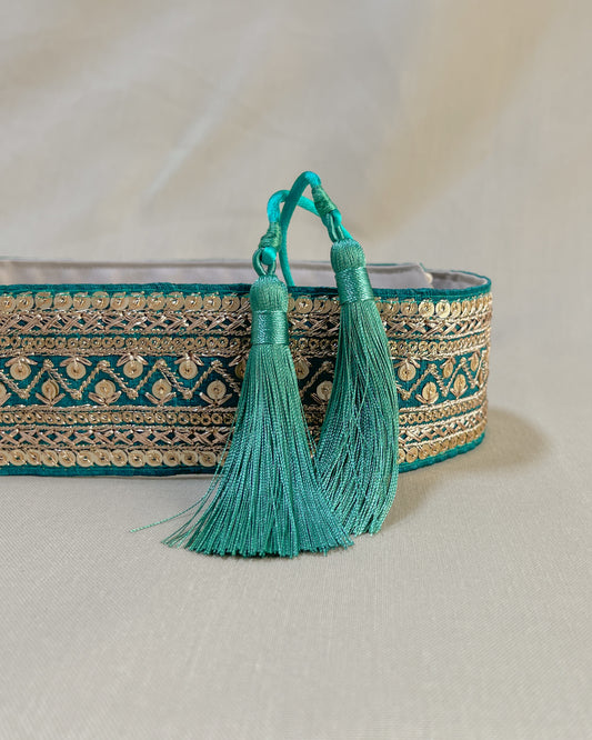 Green bohemian embroidered obi belt with tassels