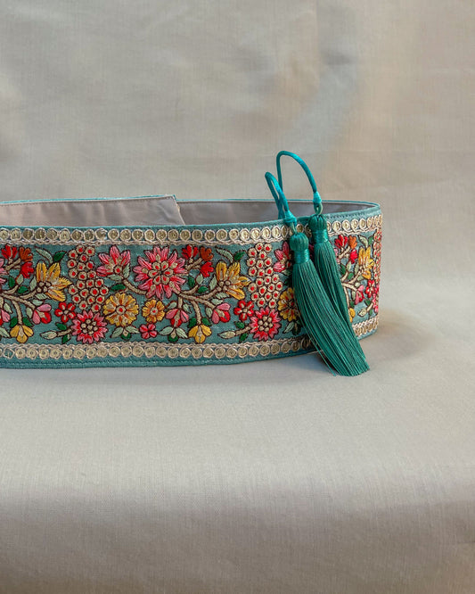 Teal bohemian embroidered obi belt with tassels