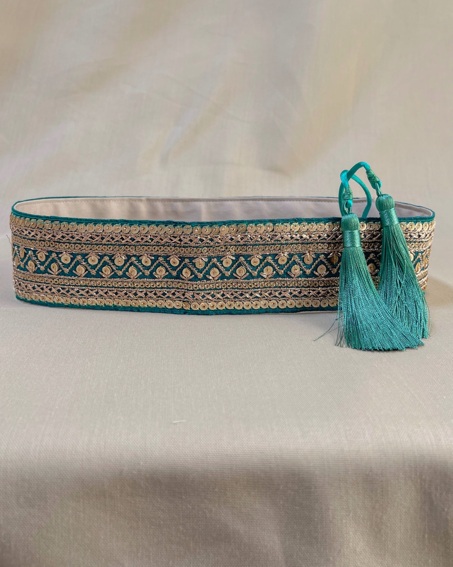 Green bohemian embroidered obi belt with tassels