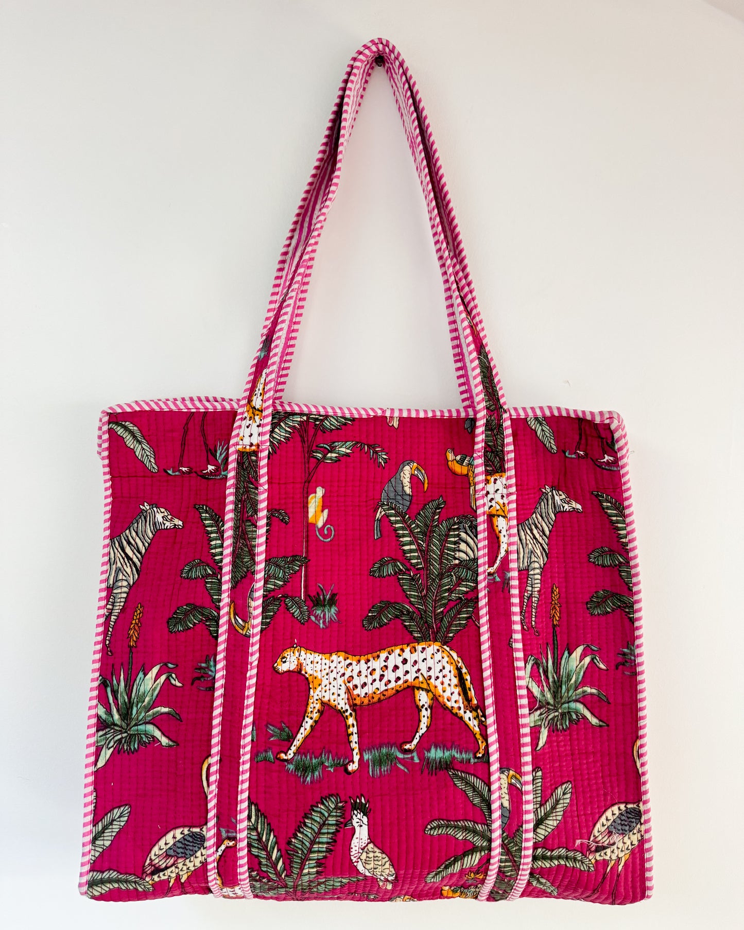 Pink jungle l Big tote bag in quilted cotton