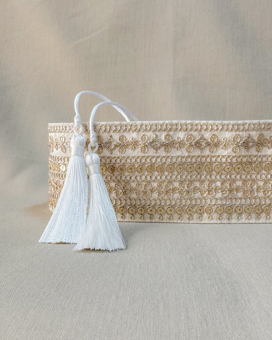 Off white bohemian embroidered obi belt with tassels