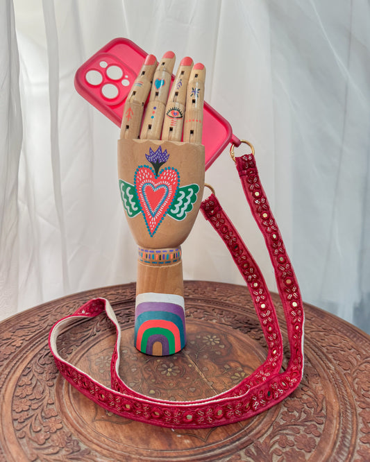 Red embroidered crossbody strap for phone