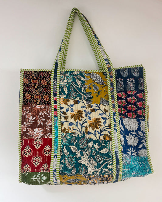 Patchwork green l Big tote bag in quilted cotton