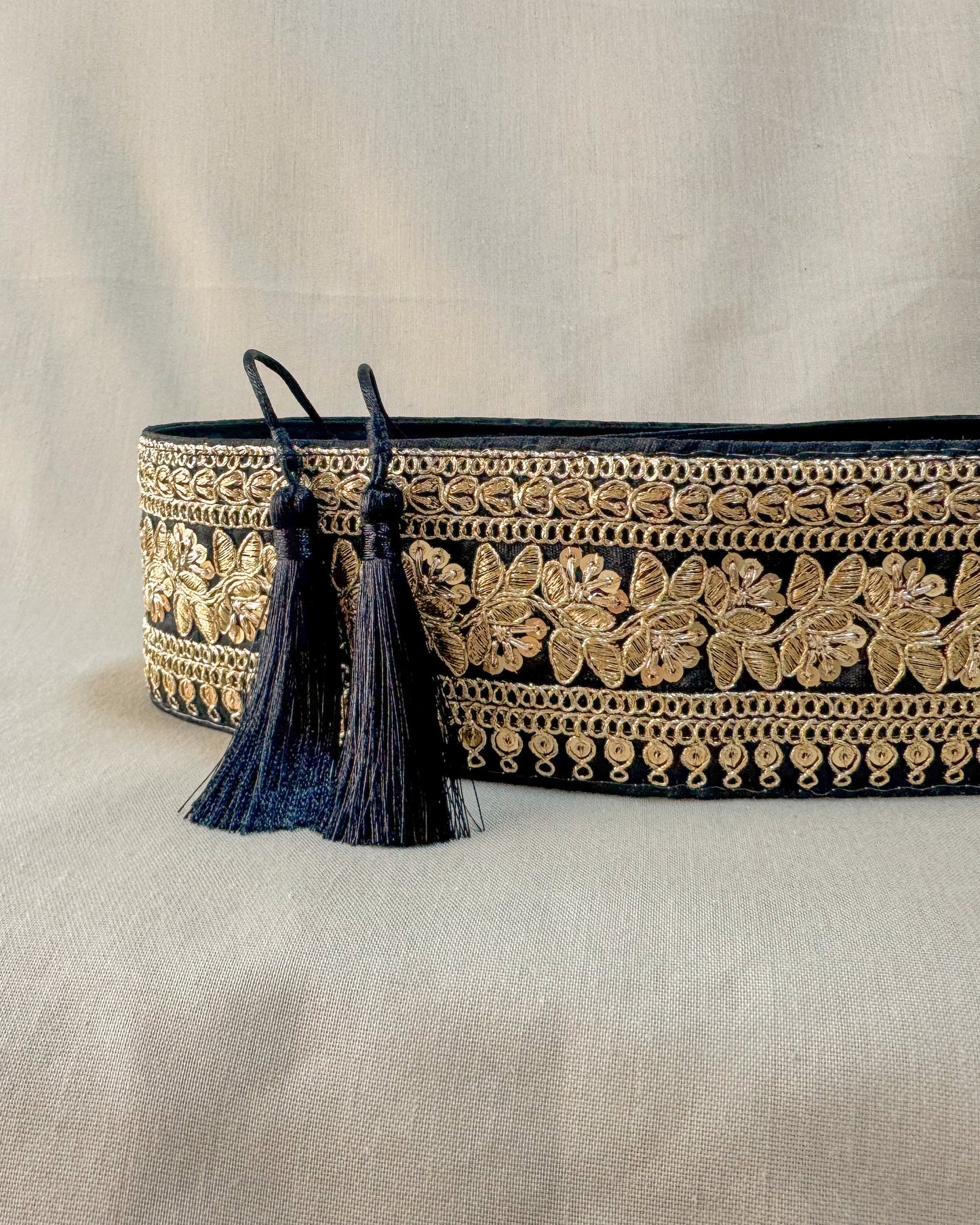 Black bohemian embroidered obi belt with tassels