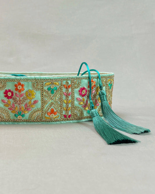 Green bohemian embroidered obi belt with tassels