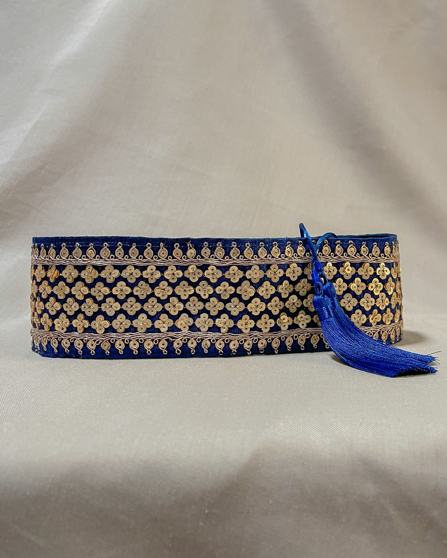 Blue bohemian embroidered obi belt with tassels