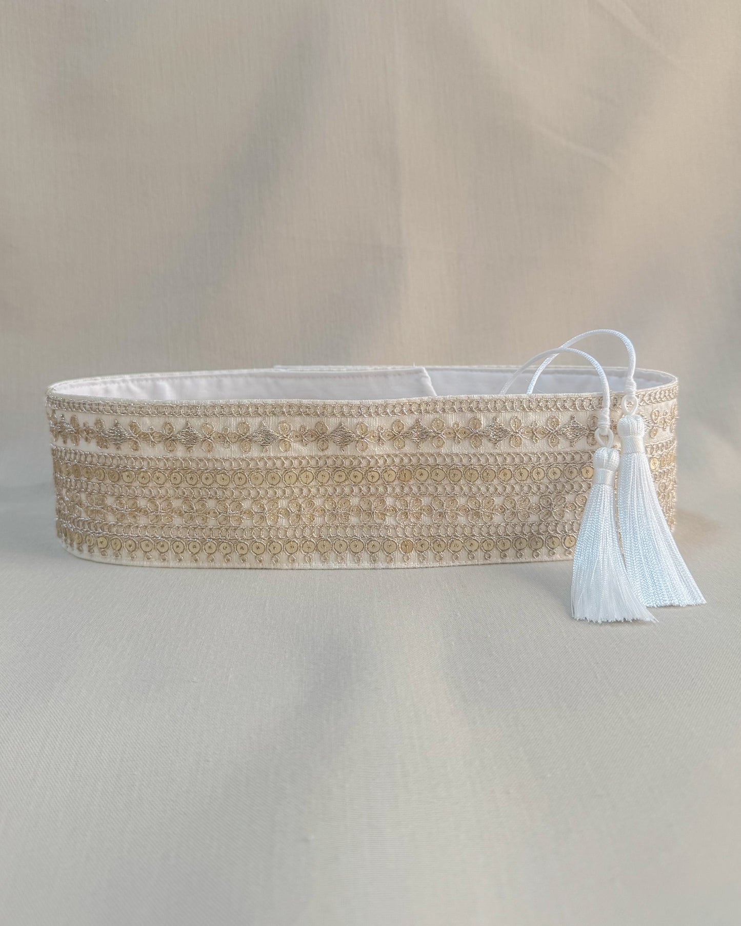 Off white bohemian embroidered obi belt with tassels