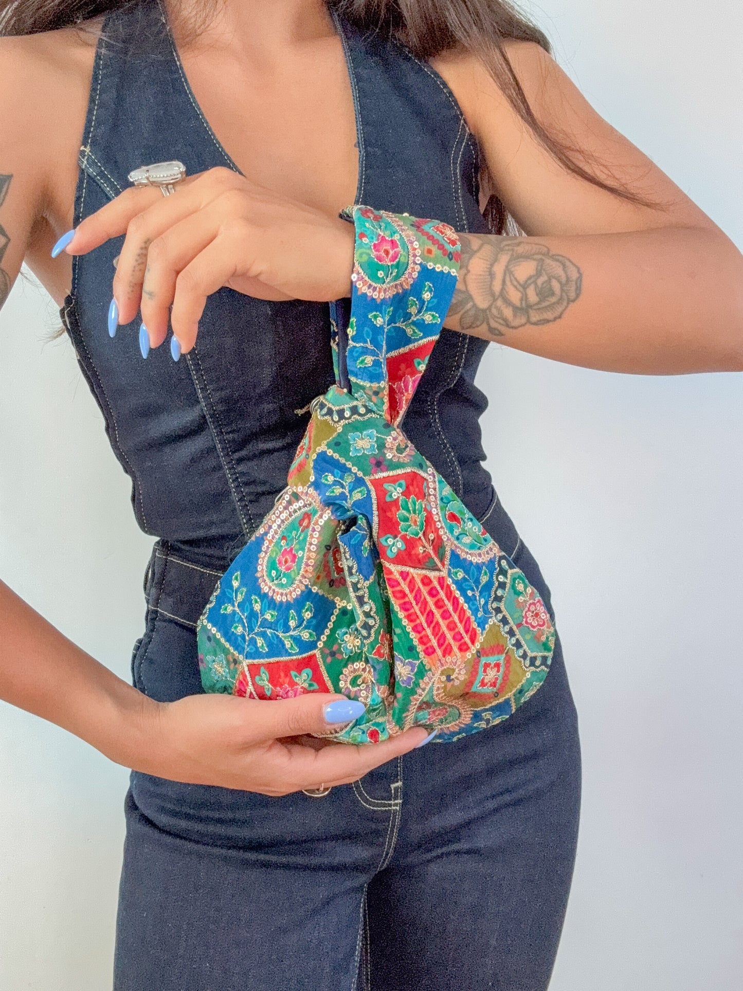 Handmade Embroidered Knot Bag | Paisley blue