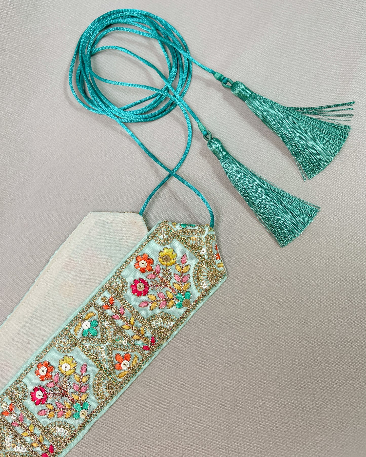 Green bohemian embroidered obi belt with tassels