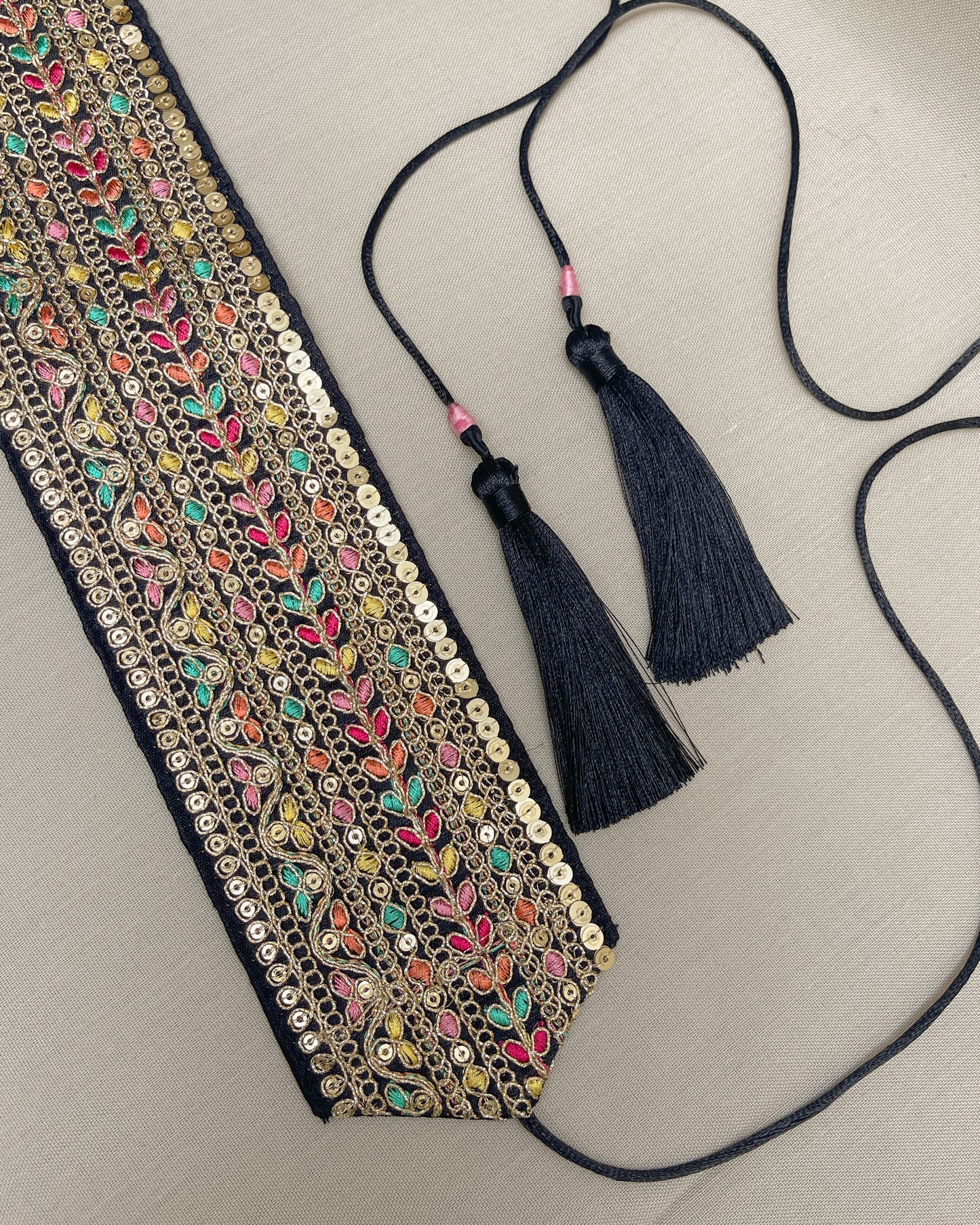 Black bohemian embroidered obi belt with tassels