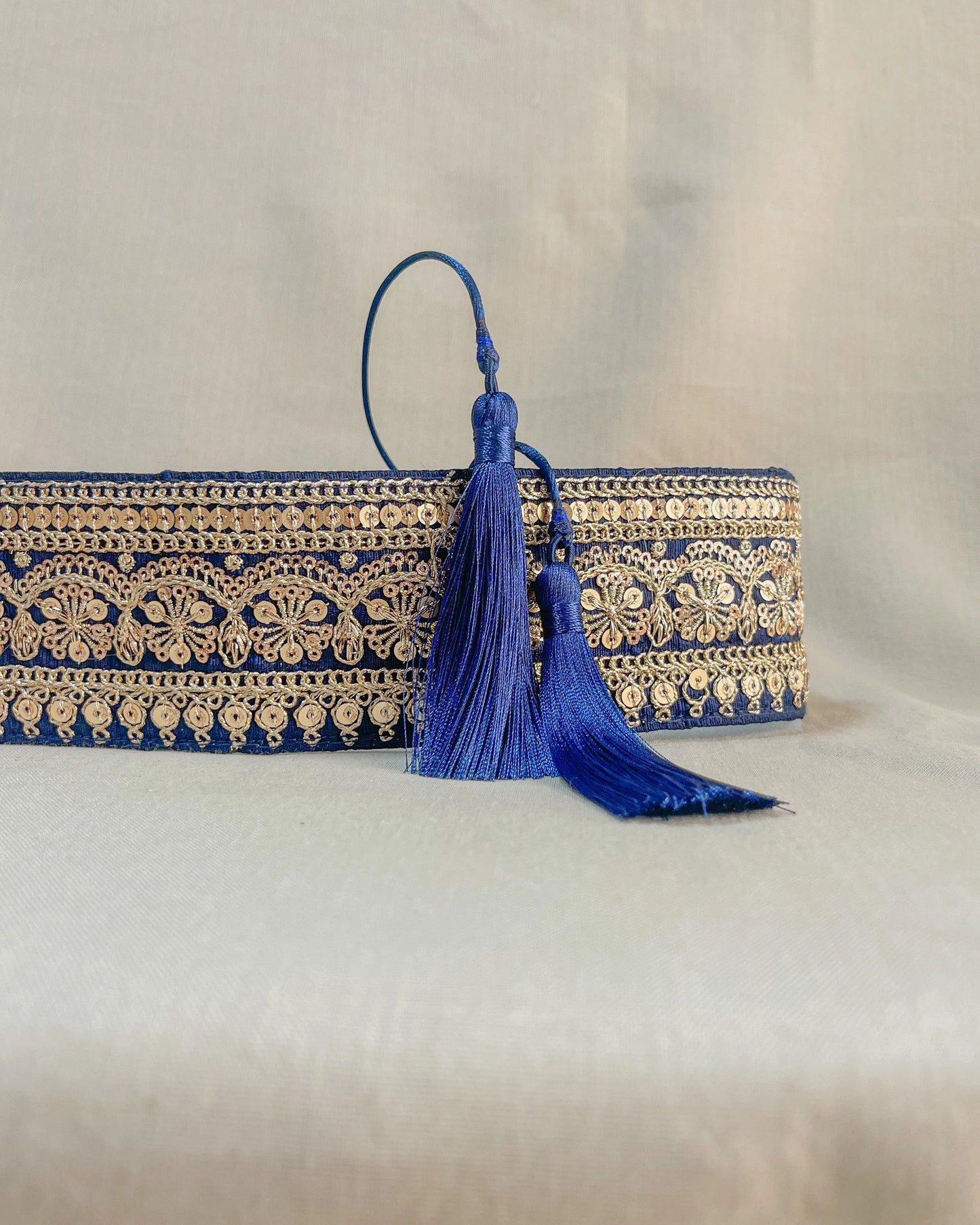 Blue bohemian embroidered obi belt with tassels