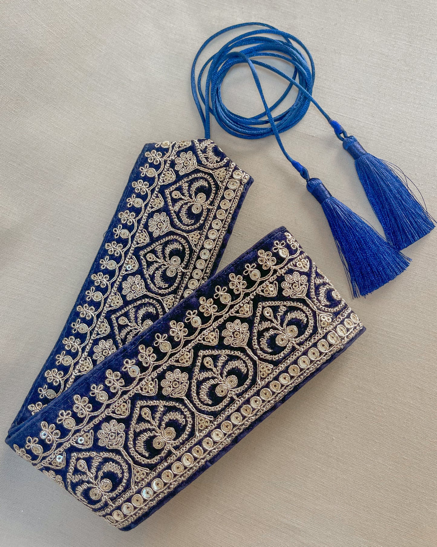 Velvet blue bohemian embroidered obi belt with tassels