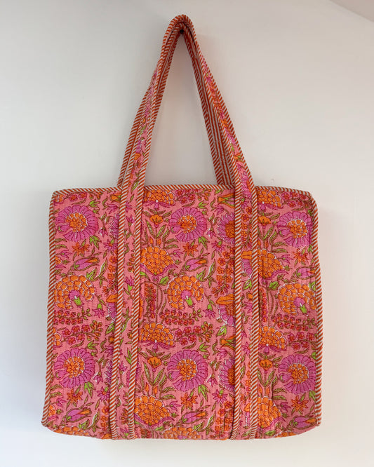 Pink and orange l Big tote bag in quilted cotton