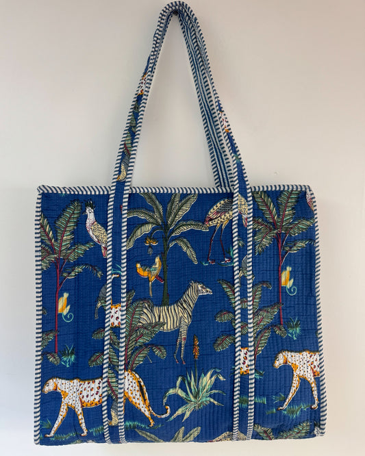 Blue jungle l Big tote bag in quilted cotton