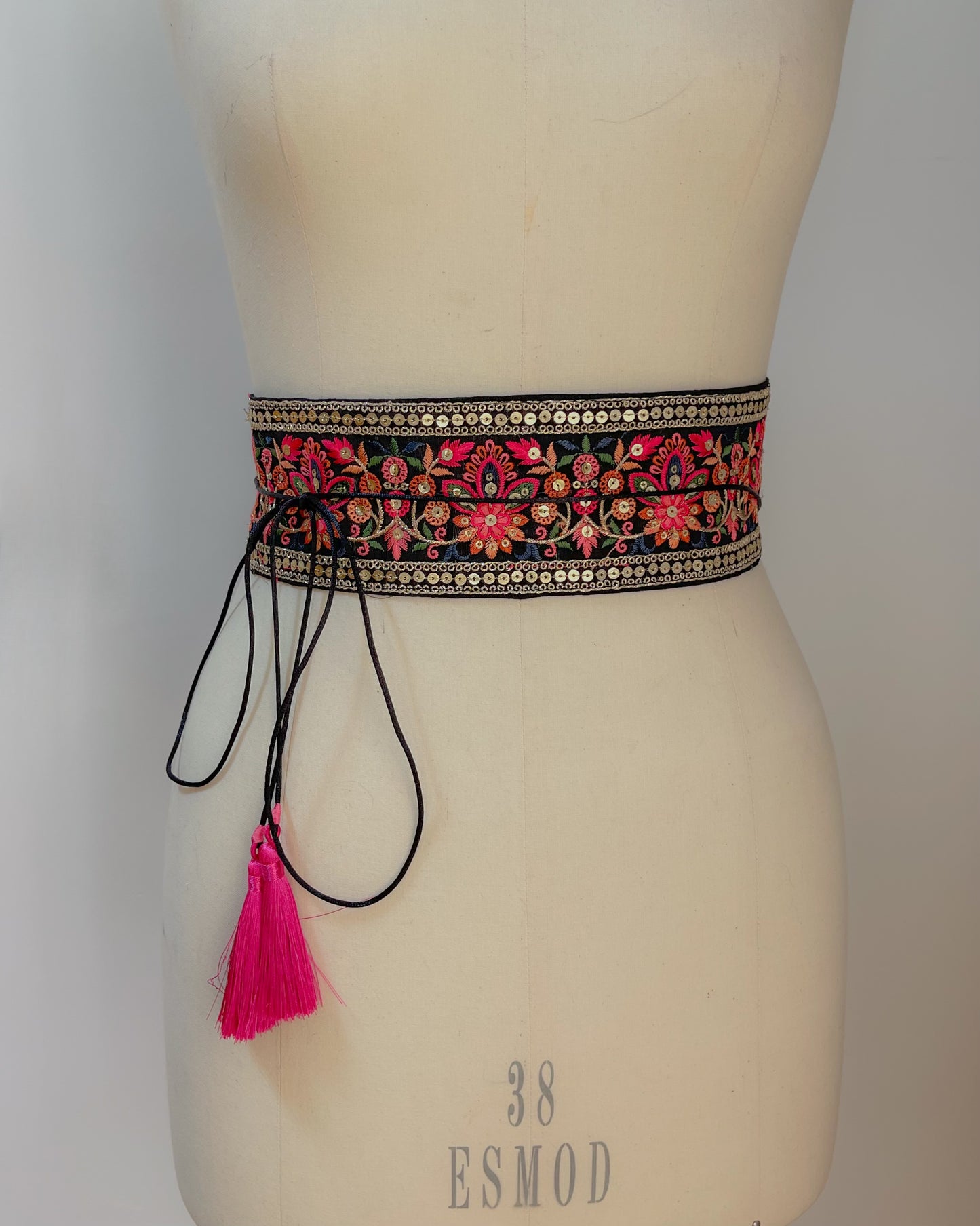 Black bohemian embroidered obi belt with tassels