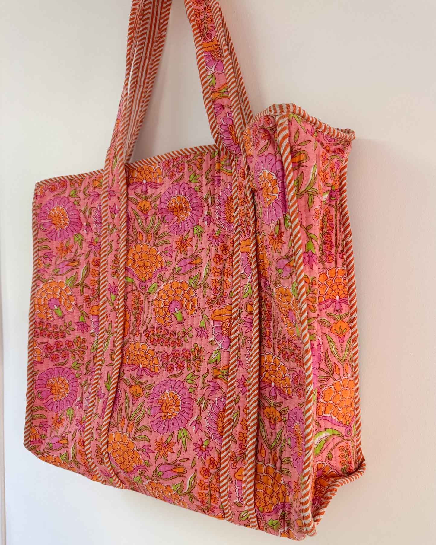 Pink and orange l Big tote bag in quilted cotton