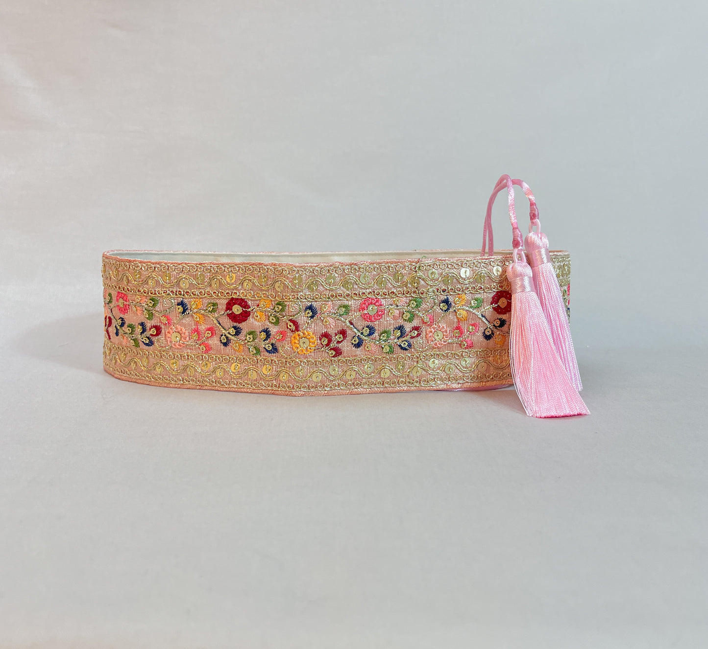 Baby pink bohemian embroidered obi belt with tassels