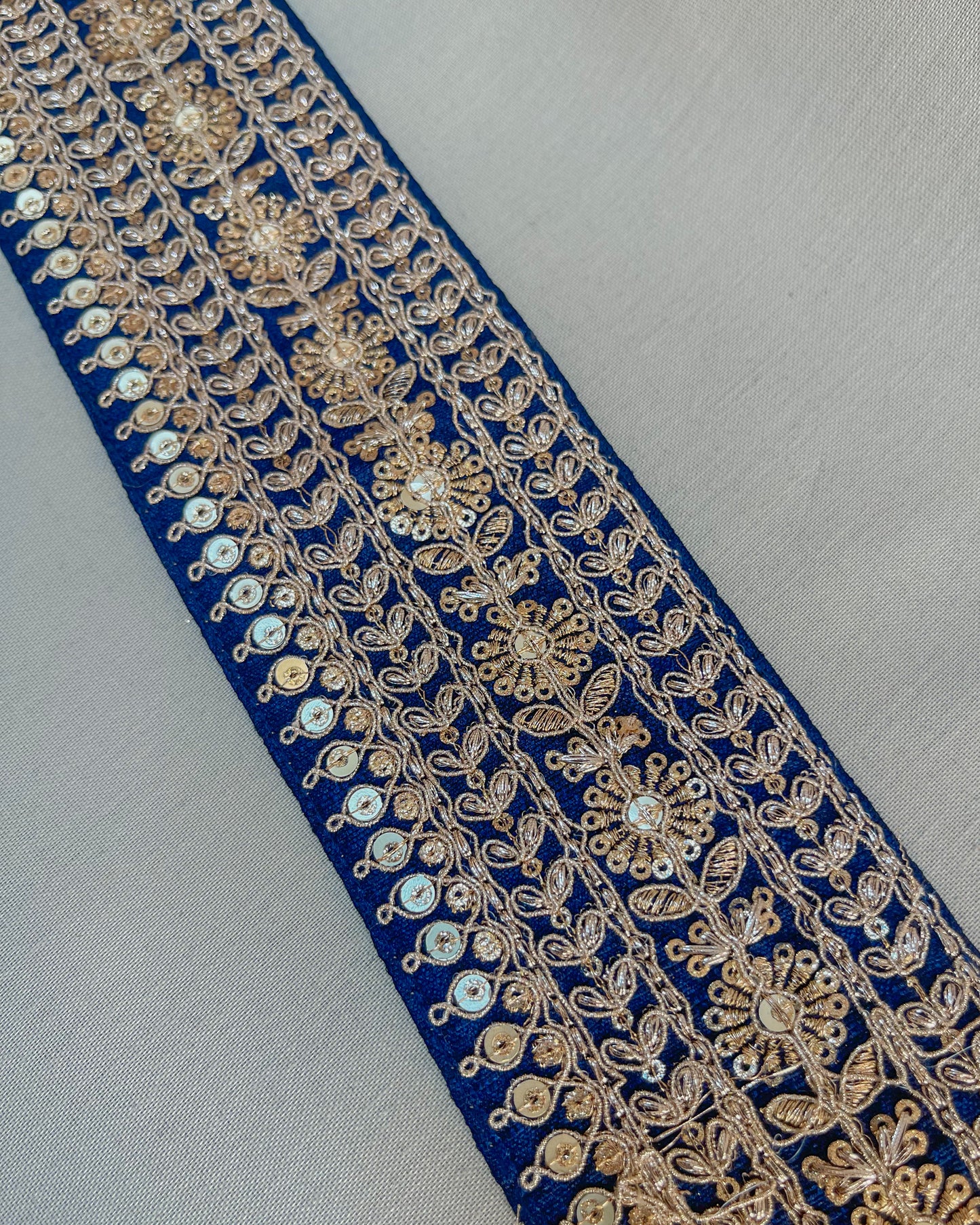 Blue bohemian embroidered obi belt with tassels