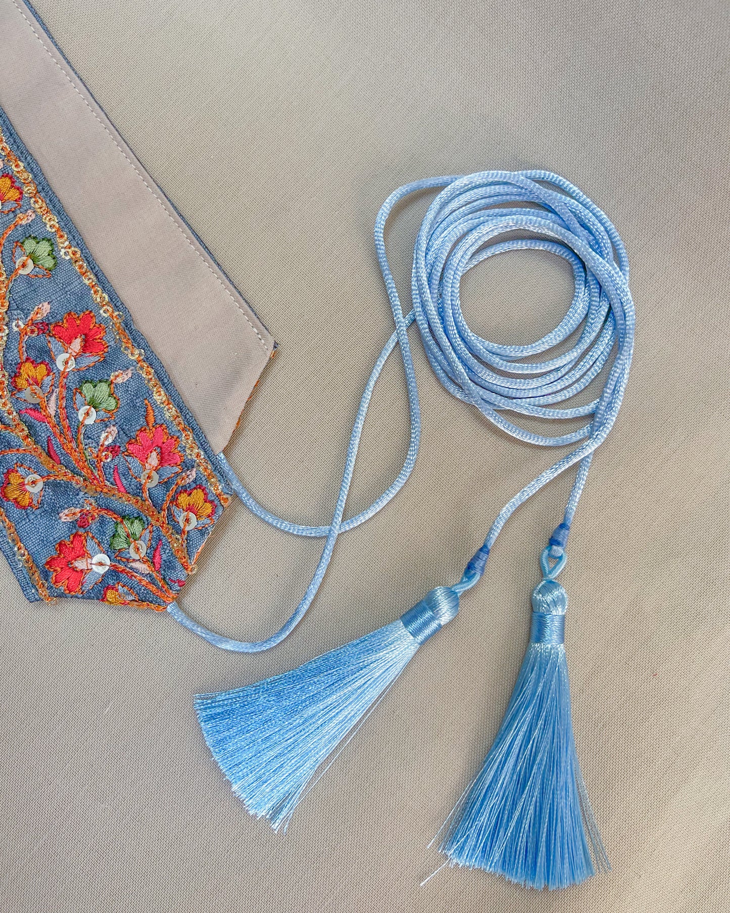 Teal bohemian embroidered obi belt with tassels