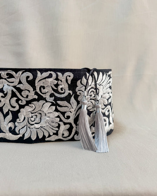 Black wide bohemian embroidered obi belt with tassels