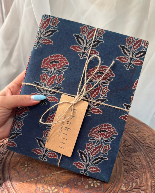 Big handmade block print notebook | Blue flowers