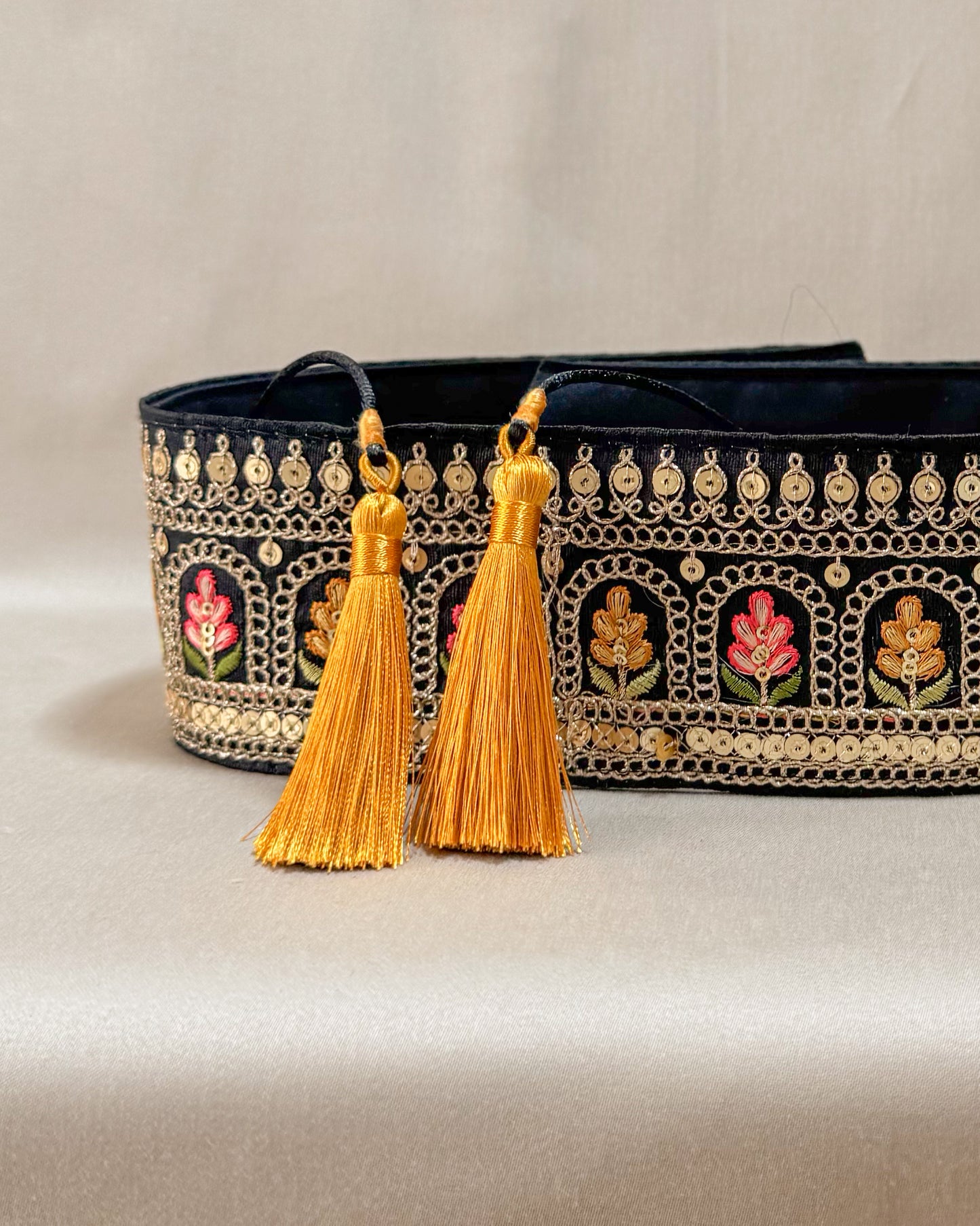 Bohemian black belt with embroidered flowers and tassels